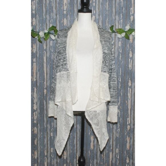 Energe World Wear Ladies Gray White Cardigan Sweater SZ L Open Front Lace LS - Picture 1 of 12